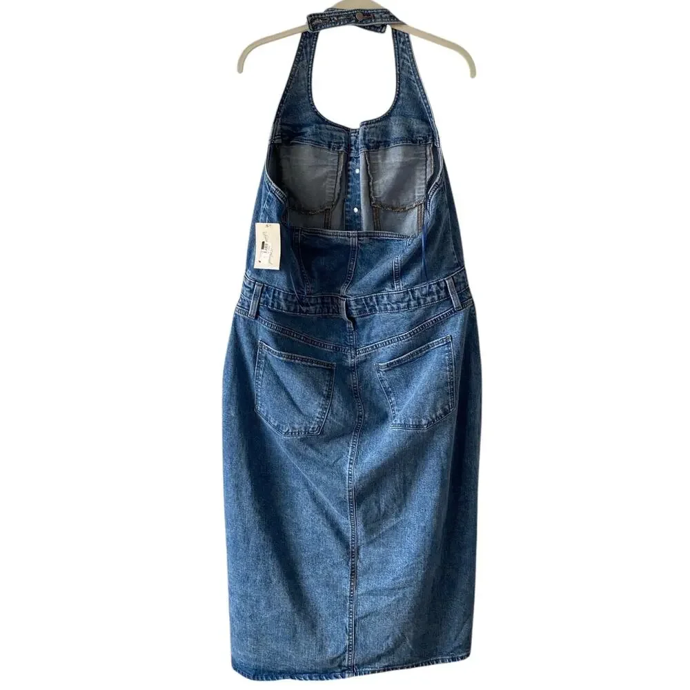 NEW UNIVERSAL THREAD Halter Denim Slit Hem Midi Jean Dress Size 0 Blue Y2K - Picture 5 of 7